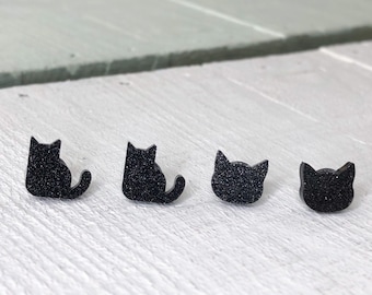 Black Glitter Cat Earrings: Stainless Steel Posts, Sensitive Ears