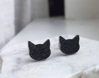 Glitter Black Cat Earrings: Stainless Steel Posts, Sensitive Ears