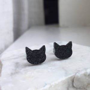 Glitter Black Cat Earrings: Stainless Steel Posts, Sensitive Ears