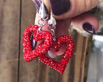 Valentine Gift, Heart Earrings, Red Earrings, Sterling Silver Earrings, Rhinestone Earrings, Valentine's Earrings, Heart Jewelry,