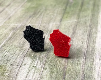 Wisconsin Earrings: Red & Black Glitter Acrylic Studs, Sensitive Ears