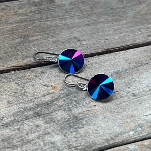 Crystal Earrings, Purple Crystal Earrings, Rainbow Crystal Earrings, Niobium, Hypo Allergenic, Bridal Jewelry, Sensitive Ears, Round Crystal