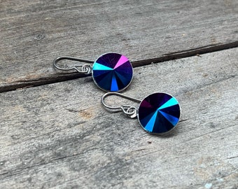 Crystal Earrings, Purple Crystal Earrings, Rainbow Crystal Earrings, Niobium, Hypo Allergenic, Bridal Jewelry, Sensitive Ears, Round Crystal