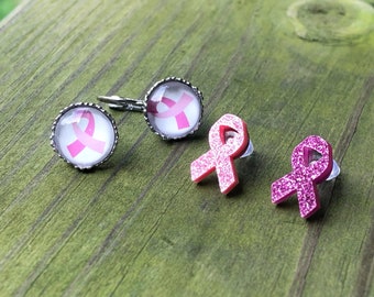 Pink Ribbon Earrings: Breast Cancer Awareness Jewelry, Survivor Gift