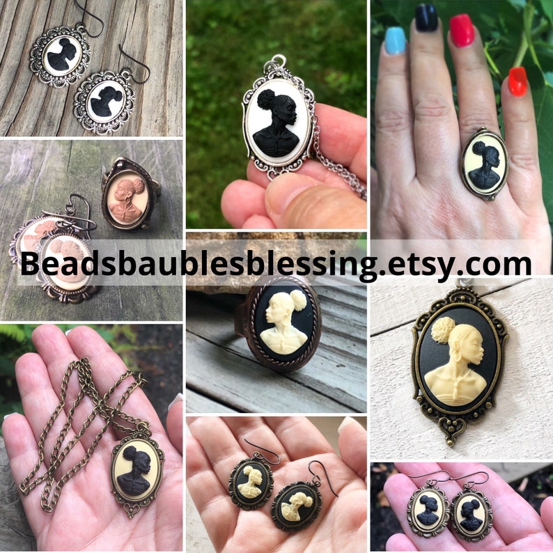 May include: A set of black and white cameo earrings, a necklace, and a ring featuring a woman's silhouette with a bun. The jewelry is set in an ornate, antique-style frame. The image also includes the text "Beadsbaublesblessing.etsy.com".