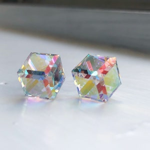 Cube Earrings, Post Earrings, Crystal Cube Earrings, Sensitive Ears, Cube Jewelry, Crystal Earrings, 3D Cube Earrings, Stainless Steel image 3
