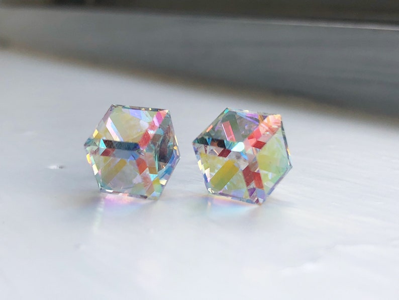 Cube Earrings, Post Earrings, Crystal Cube Earrings, Sensitive Ears, Cube Jewelry, Crystal Earrings, 3D Cube Earrings, Stainless Steel image 3