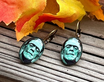 Frankenstein Earrings, Halloween Earrings, Frankenstein Jewelry, Halloween Jewelry, Costume Jewelry, Bronze Earrings