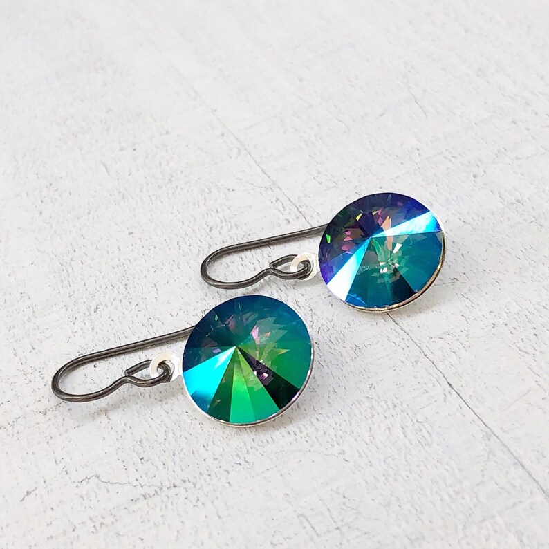 Crystal Earrings, Blue Crystal Earrings, Green Crystal Earrings, Niobium, Hypo Allergenic, Bridal Jewelry, Sensitive Ears, Round Crystal image 4