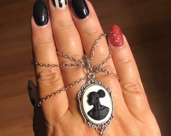 Black and White Cameo Necklace: Antique Silver Ornate Pendant
