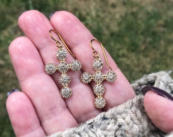 Cross Earrings, Cross Jewelry, Rhinestone Earrings, Gold