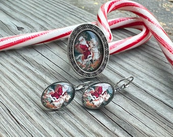 Santa Claus Ring, Santa Claus Earrings, Vintage Christmas Jewelry, Christmas Jewelry, Christmas Ring, Christmas Gift, St. Nicholas Jewelry