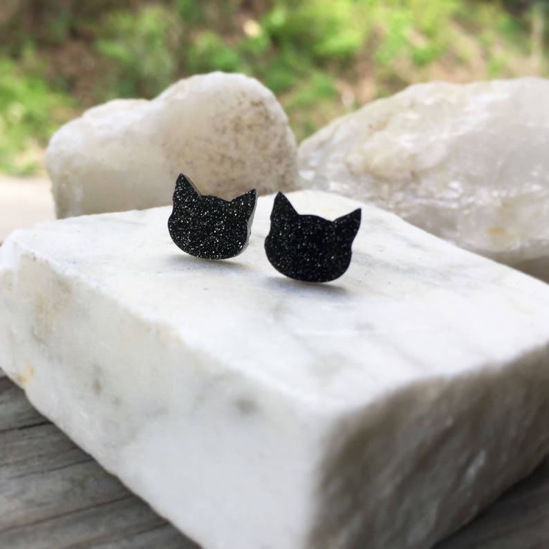 Cat Earrings Black Cat Earrings Cat Glitter Earrings Black Etsy