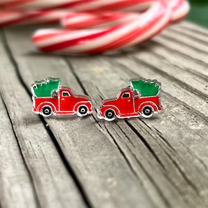 Vintage Red Truck Christmas Tree Earrings: Stainless Steel Posts