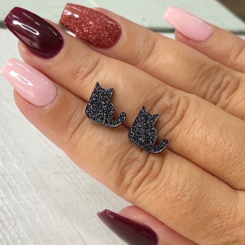 Cat Earrings Black Cat Earrings Cat Glitter Earrings Black Etsy