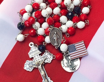 Patriotic St. Michael Rosary: USA Flag Charm, Red White Blue Beads