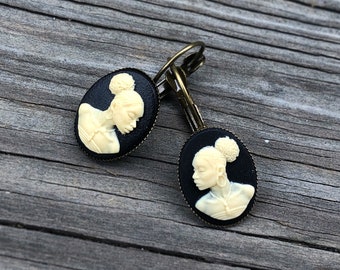 Boucles d’oreilles Cameo noir et ivoire, boucles d’oreilles Cameo en bronze, boucles d’oreilles Cameo afro-américaines, boucles d’oreilles Cameo ornées, boucles d’oreilles Queen Cameo