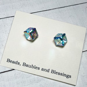 Cube Earrings, Post Earrings, Crystal Cube Earrings, Sensitive Ears, Cube Jewelry, Crystal Earrings, 3D Cube Earrings, Stainless Steel image 5