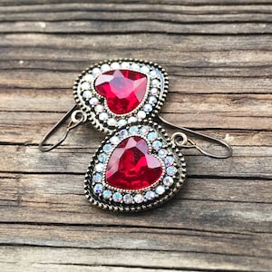 Valentine Gift, Heart Earrings, Red Heart Earrings, Crystal Heart Earrings, Rhinestone Earrings, Valentine&#39;s Earrings, Heart Jewelry,