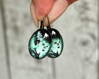 Bride of Frankenstein Earrings, Halloween Earrings, Bride of Frankenstein Jewelry, Halloween Jewelry, Costume Jewelry, Bronze Earrings