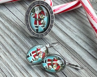 Santa Claus Ring, Santa Claus Earrings, Vintage Christmas Jewelry, Christmas Jewelry, Christmas Ring, Christmas Gift, St. Nicholas Jewelry