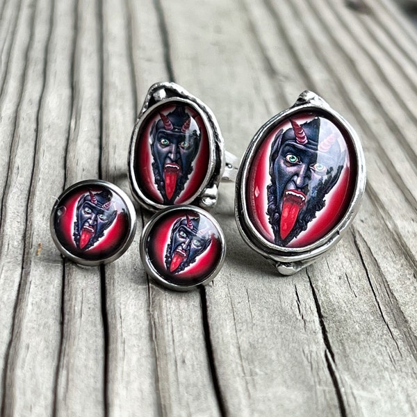 Krampus Ring, Krampus Jewelry, Christmas Ring, Krampus Earrings, St. Nicholas, Oddity Ring, Spiritual Ring, Vintage Jewelry