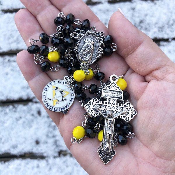 Pittsburgh Penguins Rosary, Pittsburgh Hockey, Black Rosary, Hockey Memorabilia, Sports Rosary, Confirmation Gift, Communion Rosary,