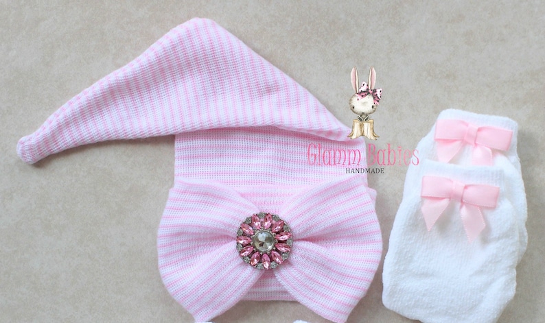 white pink Baby Beanie Baby shower gift Newborn Hospital Beanie Pink Baby Girl Hat .Newborn mittens Pink Bow knot Beanie