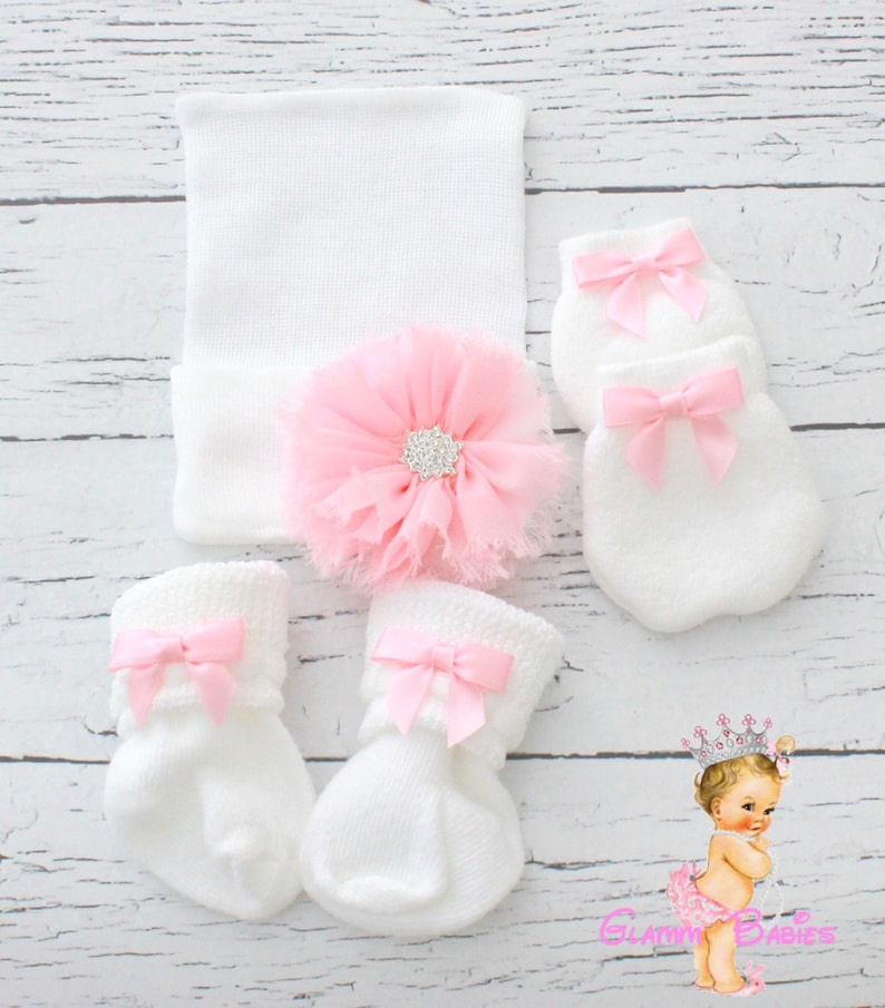 white pink Baby Beanie Baby shower gift Newborn Hospital Beanie Pink Baby Girl Hat .Newborn mittens Pink Bow knot Beanie