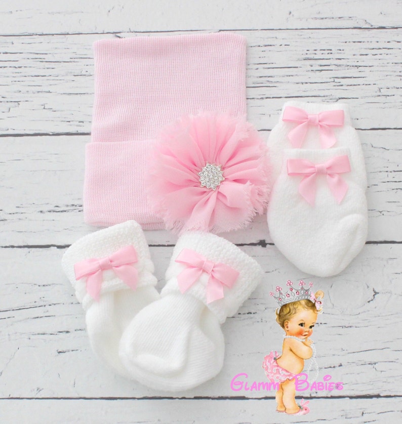 white pink Baby Beanie Baby shower gift Newborn Hospital Beanie Pink Baby Girl Hat .Newborn mittens Pink Bow knot Beanie