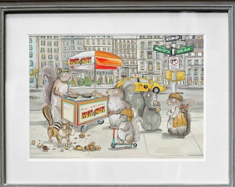 Aquarelle écureuil Nuts 4 Nuts - équipe d'écureuils dans un chariot à noix emblématique de New York, art mignon d'écureuil de New York - 5 x 7 pouces avec choix de couleur mate