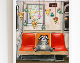 Peut inclure: Impression artistique encadrée d'un raton laveur assis sur un banc de métro. L'intérieur du métro présente des sièges rouges, des décorations en forme de part de pizza et une carte. Le raton laveur a l'air surpris.