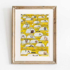 Dogs and Cats and New York City Taxi cabs art print, NYC aquarel schilderij, schattige NYC huisdier kunst - 5 x 7&quot; met keuze uit gekleurde mat