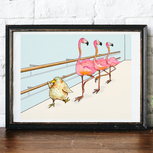 Bird ballet painting, cute fat little bird art, flamingo painting, inspirational art, try your best, kids room art, funny bird print