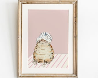 Grumpy frog with towel art print, towel toad, mood drawings, bathroom art - mini print with mat color of your choice 5x7"
