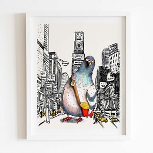 New York City pigeon print, funny pigeon with french fries wall art, NYC pigeon with pizza in Times Square , cute bird art decor