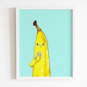 Stampa artistica di Bananabalism, banana che mangia una banana, divertente dipinto di banana, arte da cucina, dipinto di frutta, banana carina, arte per la cameretta dei bambini