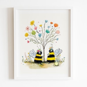 May include: Two cartoon bees with flower crowns are sitting under a tree with colorful flowers. The bees are holding small jars of honey.