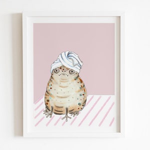 Grumpy frog with towel art print, towel toad, mood drawings, bathroom art - 8x10"