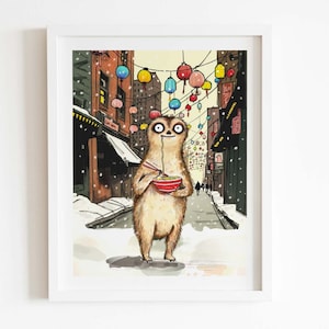 Meerkat With Noodles Painting, cute meerkat art, ramen art, meerkat illustration, funny cat art, kids room art