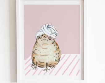 Grumpy frog with towel art print, towel toad, mood drawings, bathroom art - 8x10"