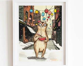 Meerkat With Noodles Painting, cute kitchen art, kids room art hand-drawn original artwork - multiple sizes