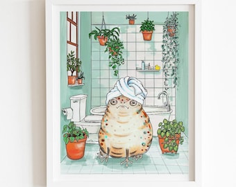 Grumpy frog with towel art print, toad in a towel original art, mood drawings, bathroom art - multiple sizes