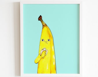 Könnte beinhalten: Eine gelbe Banane mit einem menschenähnlichen Gesicht isst eine kleinere Banane. Die Banane ist im Cartoon-Stil gezeichnet und vor einem hellblauen Hintergrund platziert.