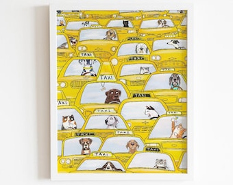 Peut inclure: Une illustration colorée d'un embouteillage rempli de taxis jaunes, chacun avec un animal différent à l'intérieur. Les animaux regardent tous par les fenêtres des taxis, certains avec des expressions surprises.