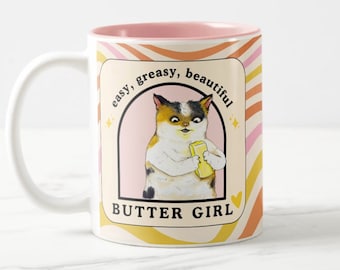 Easy, Greasy, Beautiful Butter Girl cat mug, funny cover girl 70's retro cat mug, cat lovers gift, calico kitty pink yellow orange mug