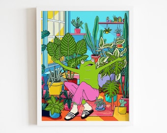 Happy frog with houseplants, Frogs in Soft Pants series, housewarming - gift hand-drawn original artwork - multiple sizes