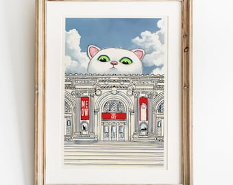 Peut inclure: Un chat blanc aux yeux verts surgit au-dessus d'un bâtiment avec une enseigne rouge qui dit "MEOW". Le bâtiment a une grande arche et est décoré de détails ornés. Le chat regarde directement le spectateur.