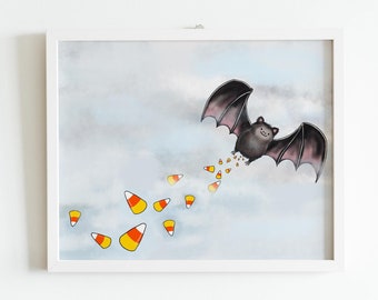 Fat Bat pooping candy corn art print - funny bat art - cute bat wall art - flying bat - Halloween candy bathroom art - nocturnal pollinators