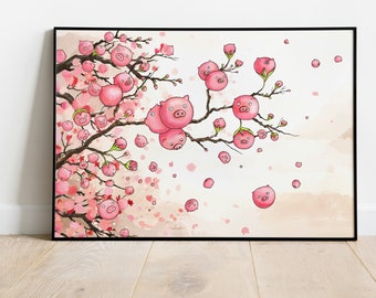 Pigs of Spring cherry blossoms painting, cute pink piggy sakura wall art, nursery decor - hand-drawn original art - multiple sizes